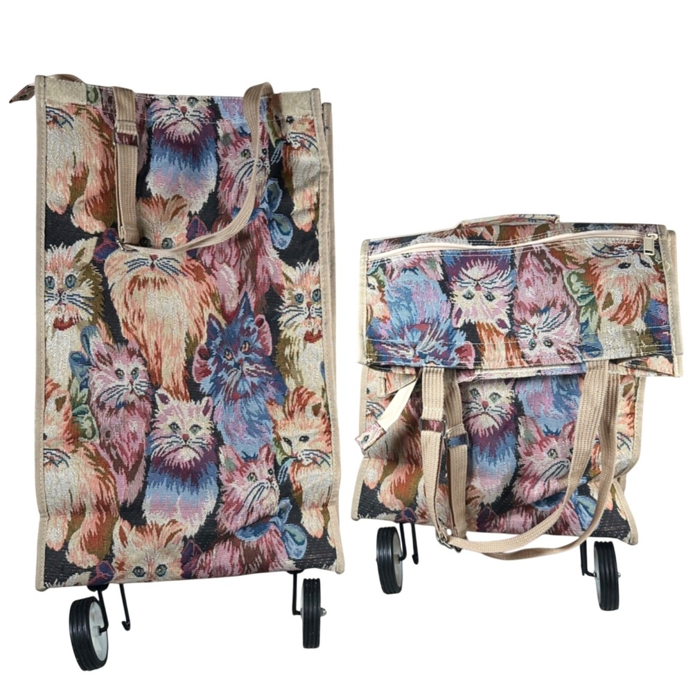 Vintage Cat‎ Tapestry Rolling Shopping Bag Folding Grocery Trolley Tote Wheels